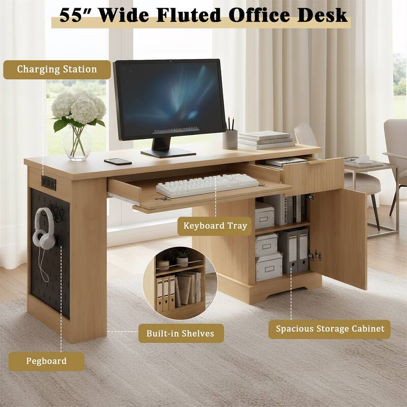 55" Modern Fluted Office Desk with Storage Cabinet & Drawers, Computer Writing Desk with Power Outlet, Pegboard