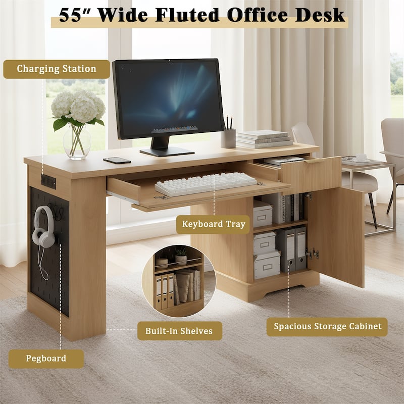 55 Inch Modern Fluted Office Desk with Storage Cabinet and Drawers, Computer Desk with Power Outlet Pegboard