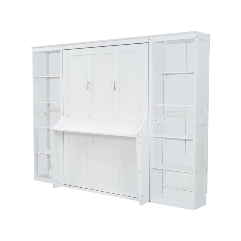Roomfitters Full/Queen Murphy Bed with Foldable Desk and Built-in Bookshelf for Home Office or Guest Room, White