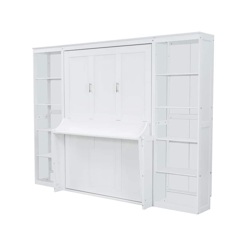 Space-Saving Full Size Murphy Bed with Built-In Desk and Bookshelf, White