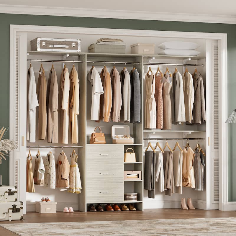 Rackcog 96'' W Closet Organizer with Drawers and Hanging Rods, Wardrobe Closet System (can be cut to fit) - Washed Oak