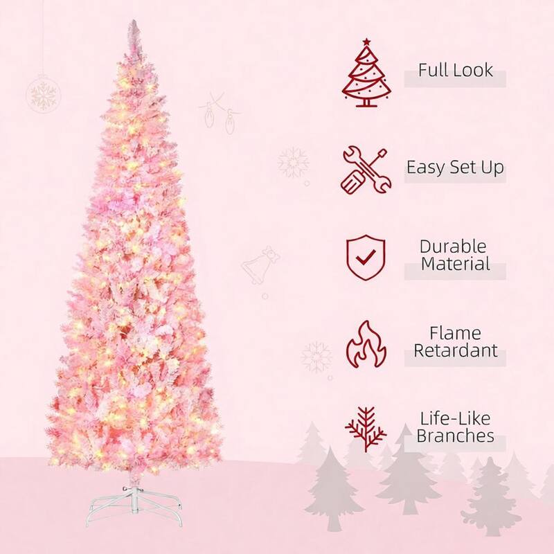 Pencil Shape with Christmas Tree,Snow Flocked Artificial Christmas Tree with Pine Realistic Branches,Warm White LED lights