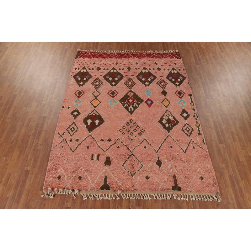 Plush Pink Moroccan Area Rug Hand-Knotted Tribal Wool Carpet - 7'11" x 10'8"