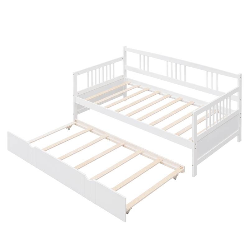 Twin Wood Daybed with Rails, Twin Bed Wooden Slats Support Modern Living Daybed with Trundle Bed, White