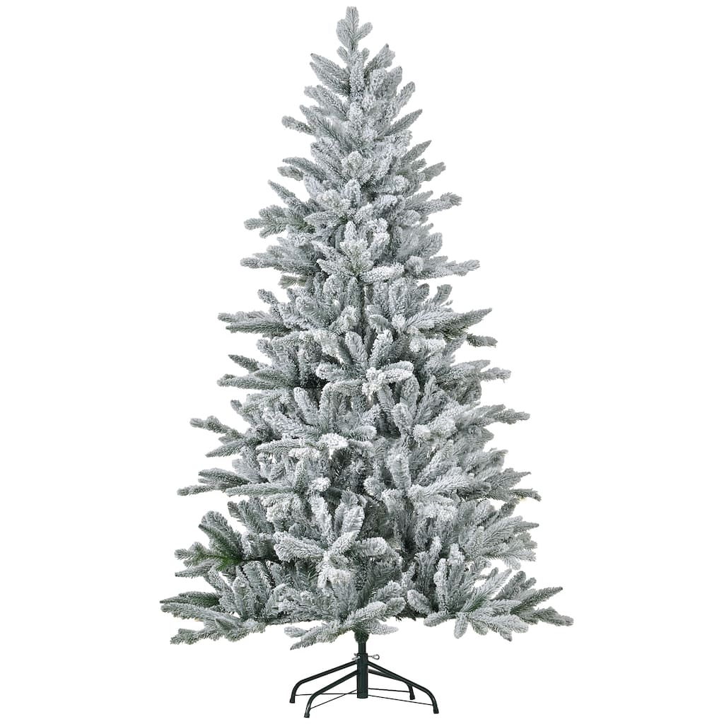 6ft Tall Snow Flocked Xmas Tree with 994 Tips, Hinged Design, Quick Setup, and Stable Metal Stand