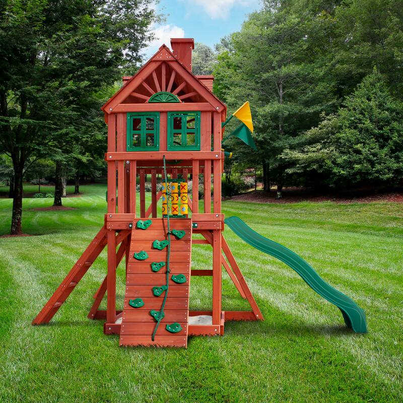 Gorilla Playsets Nantucket II Wood Swing Set with Wave Slide - Redwood - 15.5 ft W x 13 ft D x 10.5 ft H