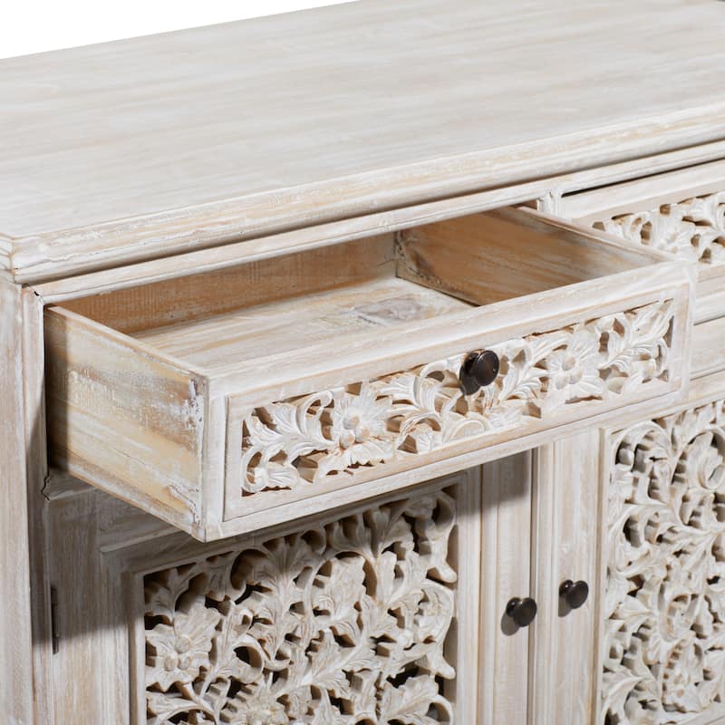 Wood Floral Intricately Carved 2 Door and 2 Drawer Cabinet - White - Roche River Decor - 20"Wx39"Lx32"H