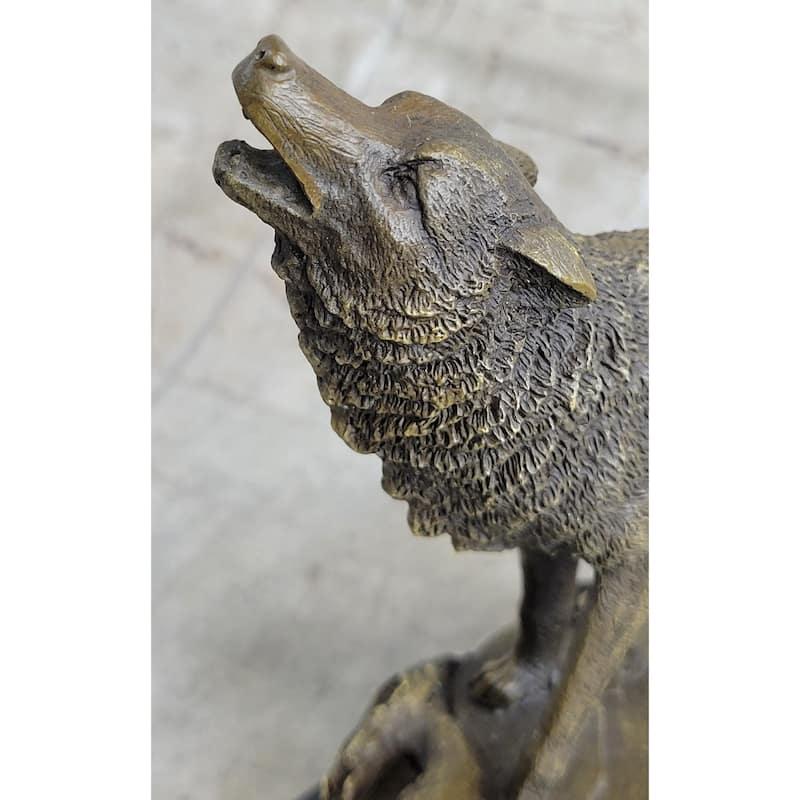 Signed Original Art Howling Imitative Wolf To The Moon Bronze Sculpture Marble Base Statue