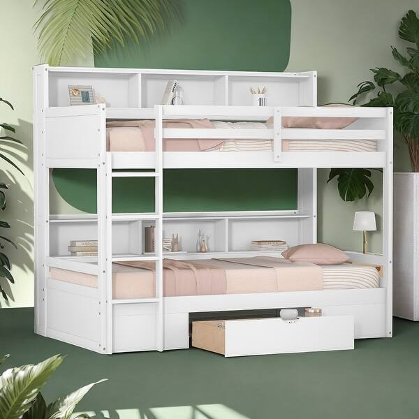 slide 2 of 28, Twin Size Bunk Bed with Built-in Shelves and Storage Drawer White