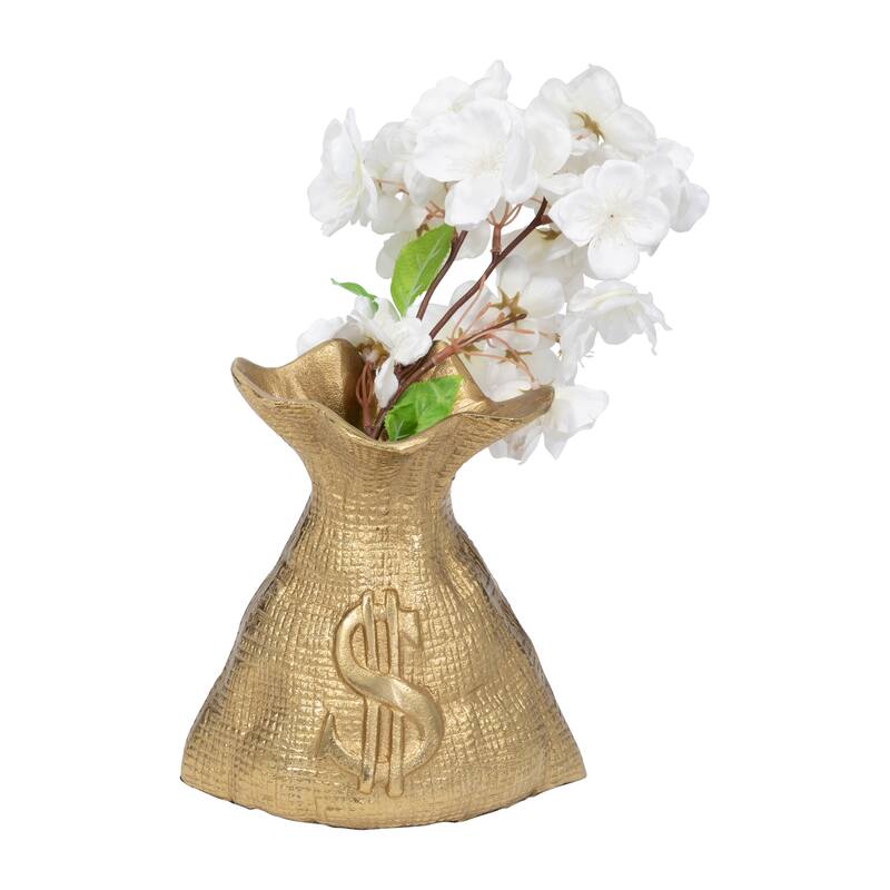 Sagebrook Home Gold Metal 8" Money Bag-Aluminum & Suar Wood, Crafted Decorative Accessories - 7" x 6" x 8"