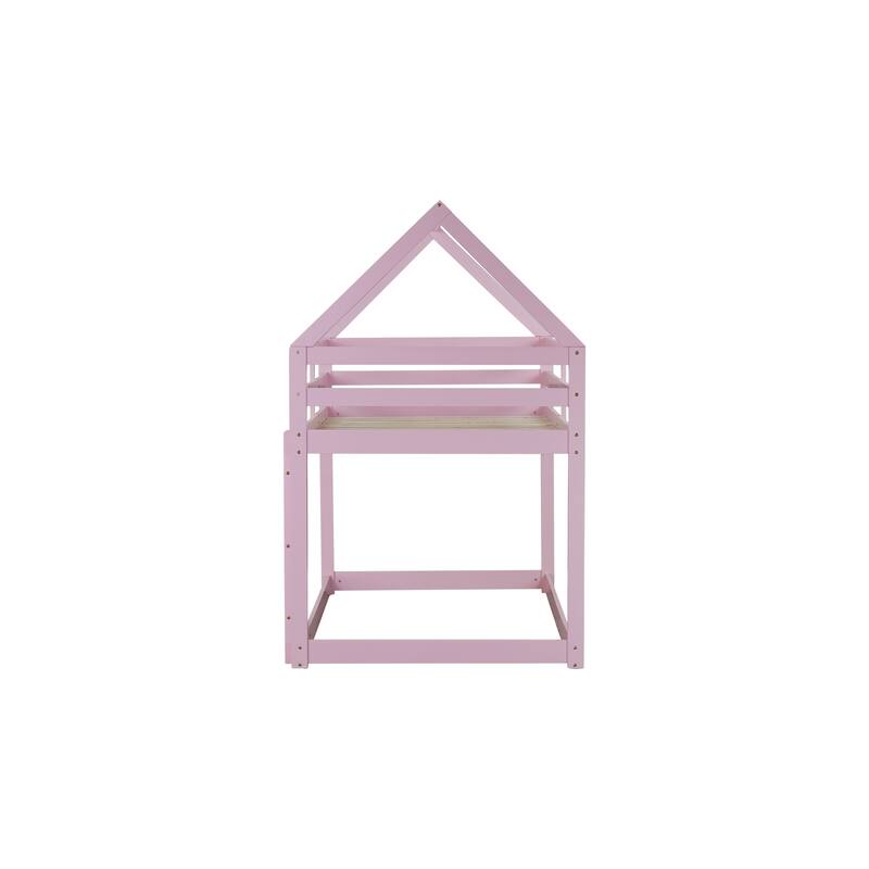 Twin over Twin Rubber Wood Floor Bunk Bed, with ladder,Guardrails,House-Shaped-Bunk Bed