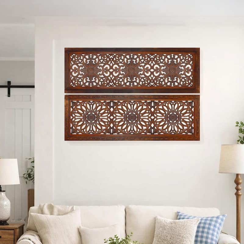 2 Piece Mango Wood Wall Panel Set with Mendallion Carving, Burnt Brown - Brown