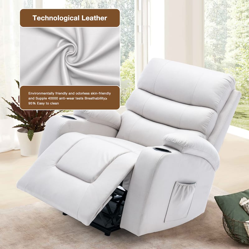 Oversized Power Lift Recliner Chair with Massage & Heat, PU Leather, USB Port, Cup Holders & Pockets