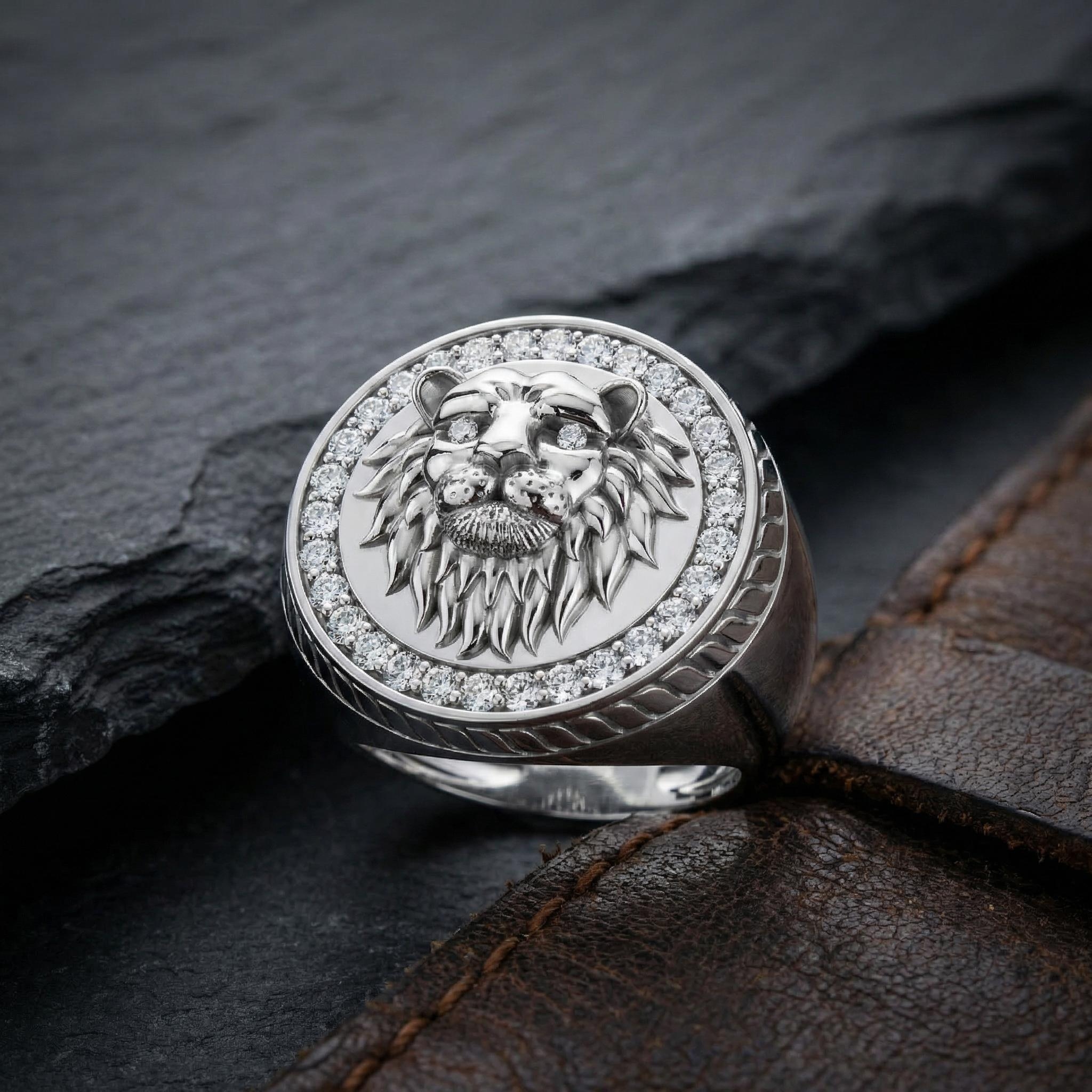 Bliss Diamond 3/8Ct Men's Diamond Lion Head Pink Ring in White or Yellow Gold