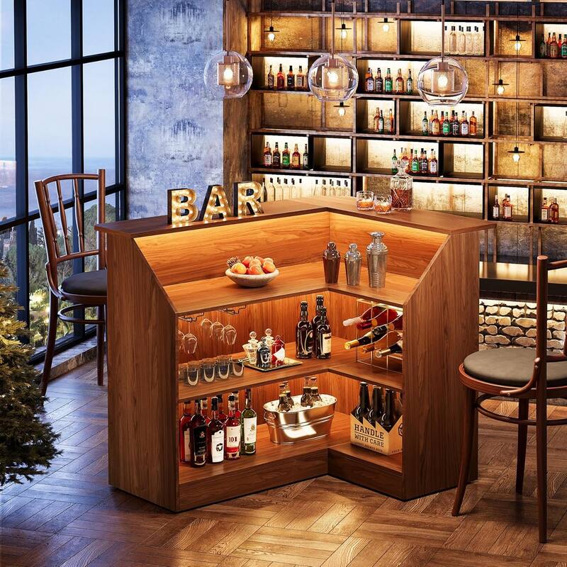 L Shaped Home Bar Cabinet Table with Stemware Racks, 4-Tier Corner Bar Unit Liquor Wine Bar Table