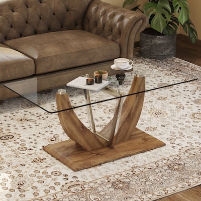 43.3" Length Transparent Tempered Glass Coffee Table with Wooden Legs