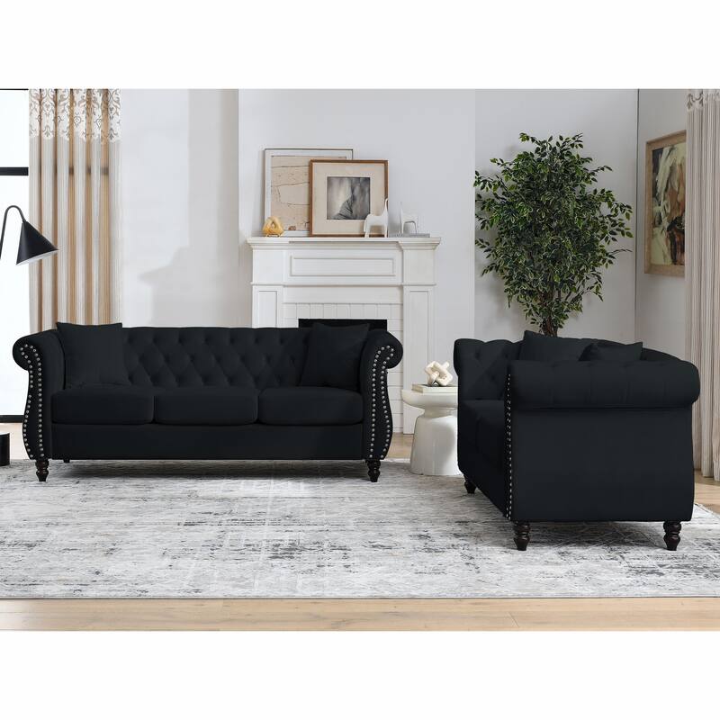 Chesterfield 3-Seater and 2-Seater Velvet Sofa with Nailhead Trim and Rolled Arms for Living Room or Office