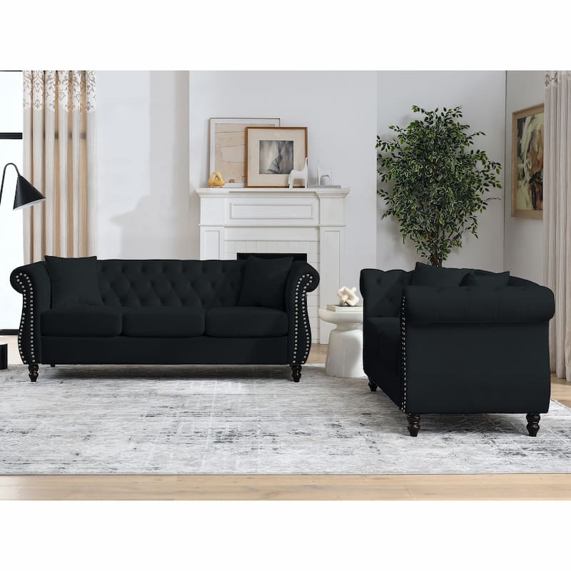 5-Person Chesterfield Sofa with Nailhead Trim, Tufted Back, and Solid Wood Frame