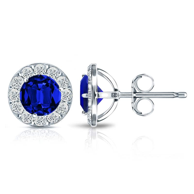 Auriya 14k Gold Lab Grown Gemstone Blue Sapphire Stud Earrings Round 0.25 to 5.00 ct. tw. Halo Push-Back - 5.00ct tgw. - White