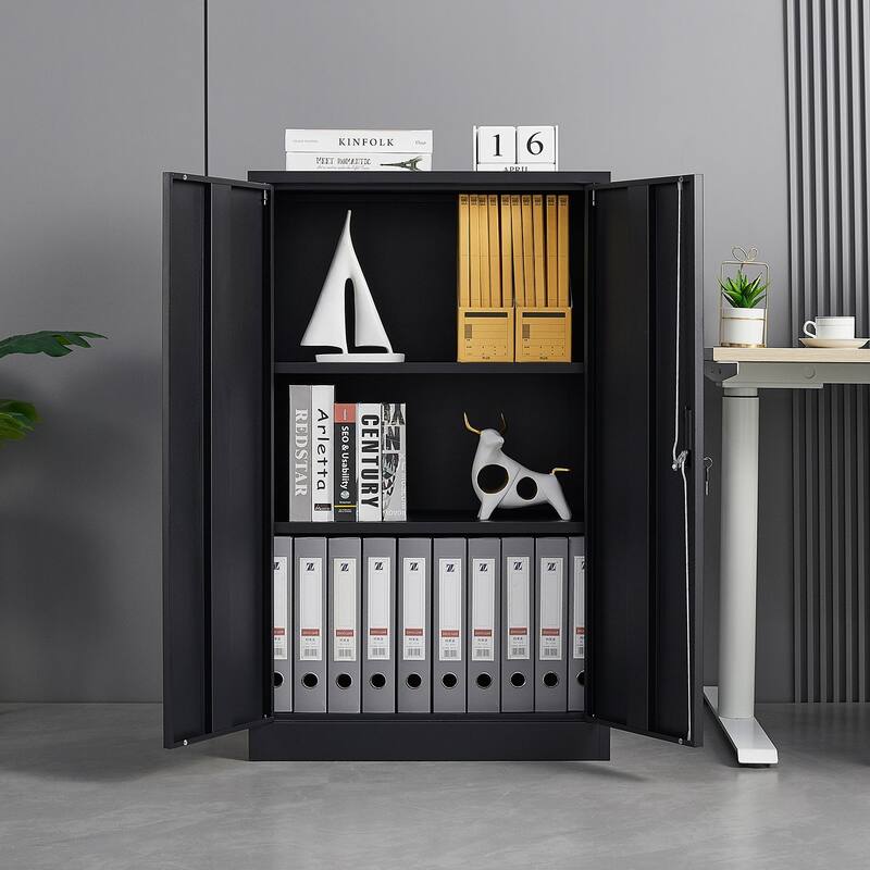 Anmytek Black Lockable Storage Cabinet with Hanging Rod and Adjustable Shelves Secure Wardrobe for Bedroom and Living Room