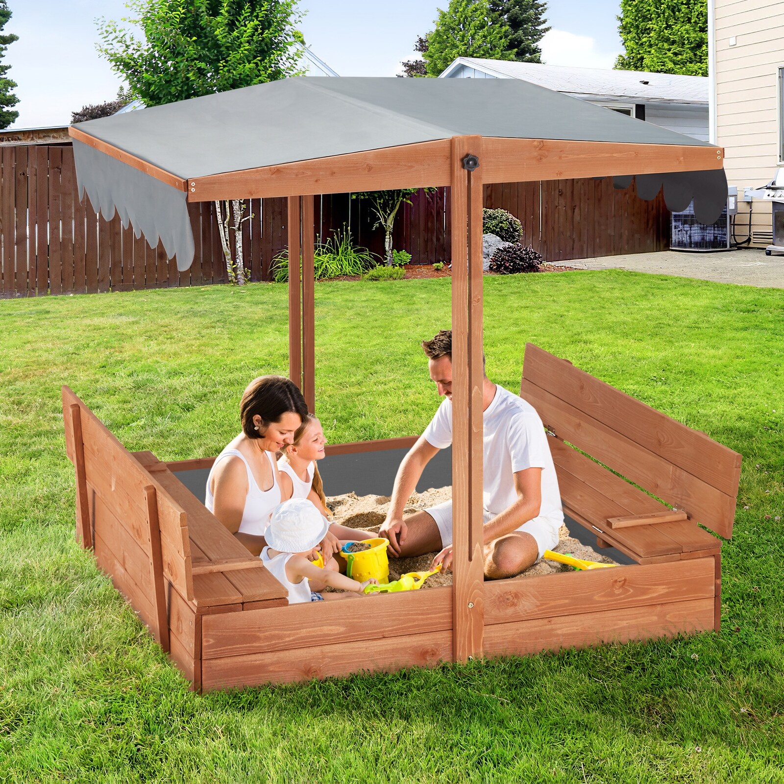 EROMMY Kids Wooden Sandbox with 2 Foldable Bench Seats and