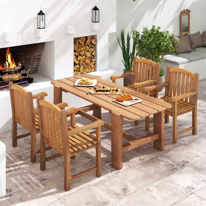 Costway 1/2/4 PCS Teak Wood Patio Dining Chair Outdoor Armchair with - 1 PCS