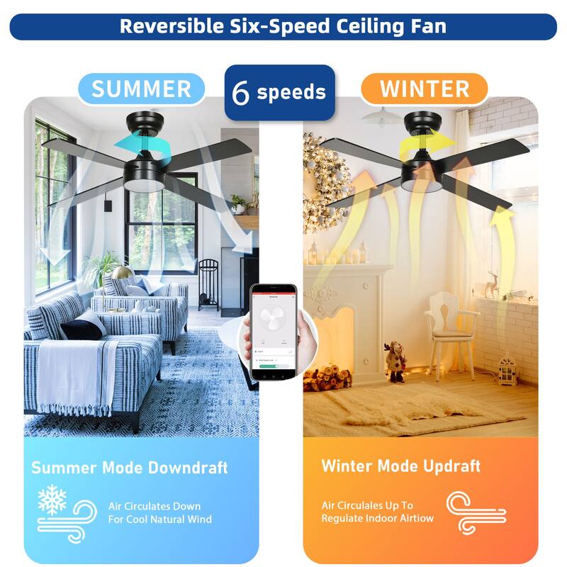 48 Inch 4 Blades Ceiling Fans with Light and Remote Control & App Control