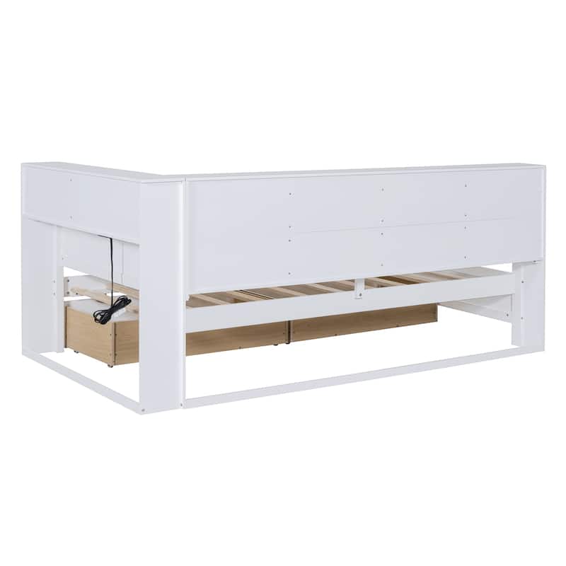 White Twin Size Wooden Daybed with Drawers, Shelf, and USB Ports