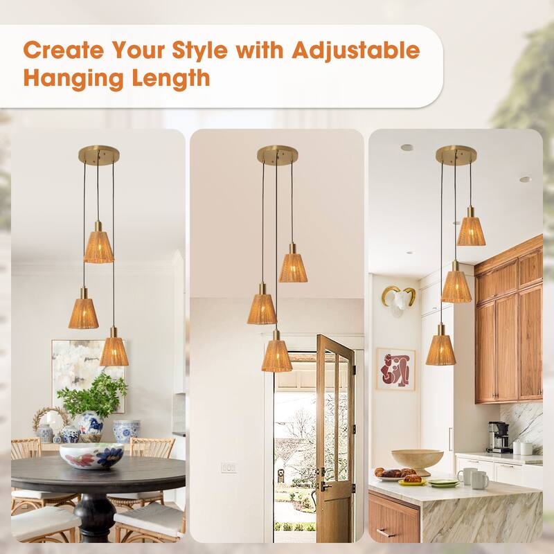 15" W Brass 3-Light Kitchen Island Pendant Light with Paper Rope Shades
