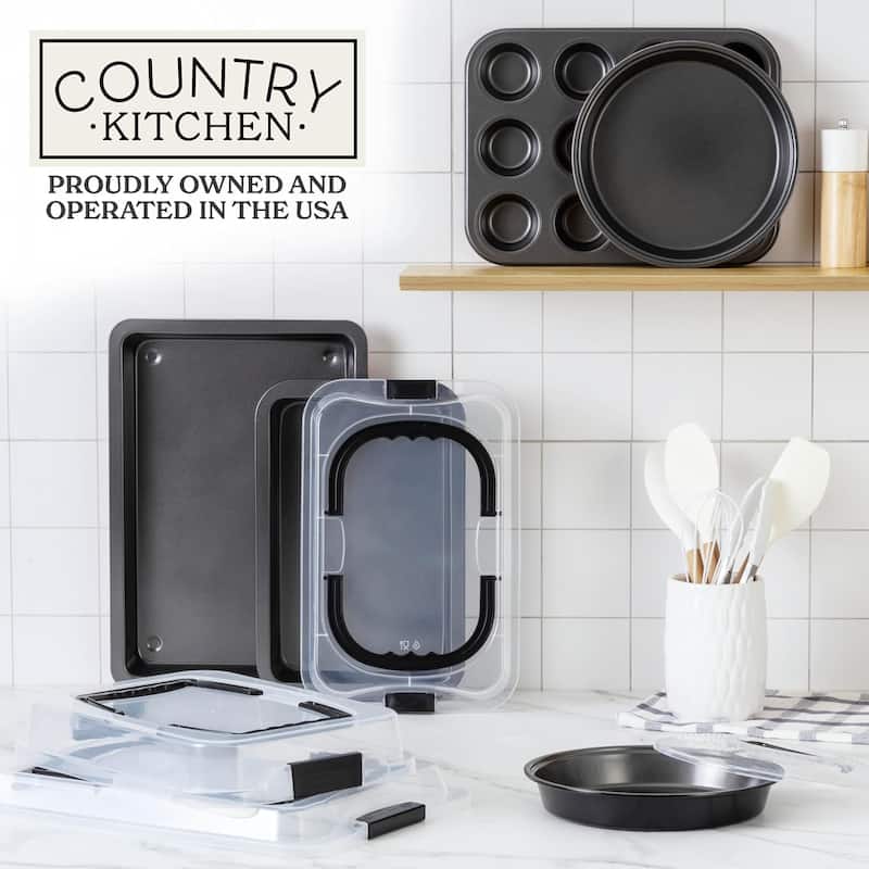 Country Kitchen Baking Pans Set 10 Piece Non-Stick Cake Pans with Carry Lids for Storage & Travel, Perfect for Parties Stackable