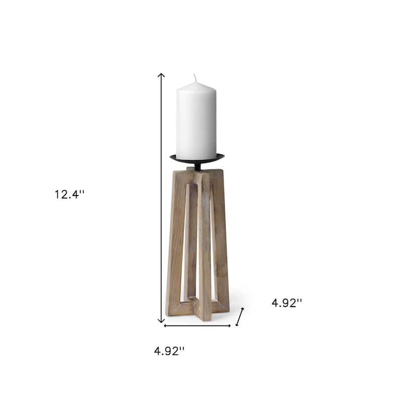 12" Light Brown Distressed Geometric Solid Wood And Metal Tabletop Pillar Candle Holder