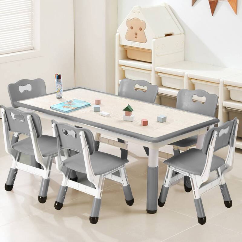 Height Adjustable Kids Table and 6 Chair Set for Ages 2-10 - N/A