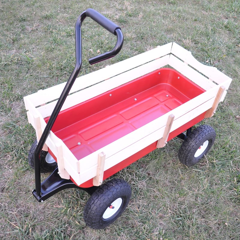 Outdoor Wagon, Wood Railing Garden Cart with 10" Pneumatic Tires