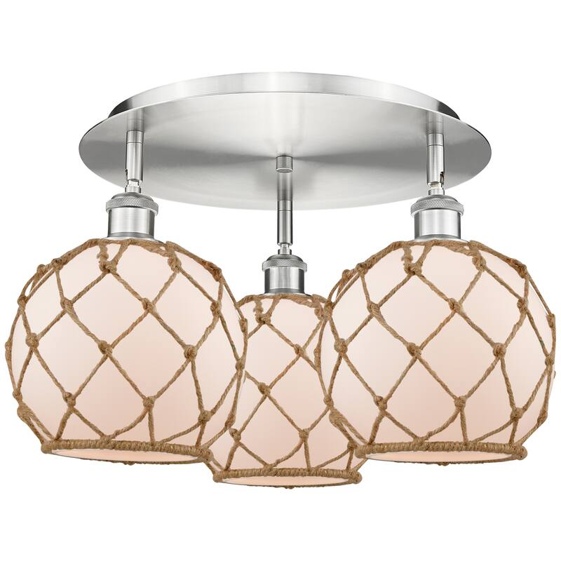 Innovations Lighting Endless Possibilities Ballston - Farmhouse Rope - 3 Light 20" Flush Mount - White Glass with Brown Rope/Satin Nickel