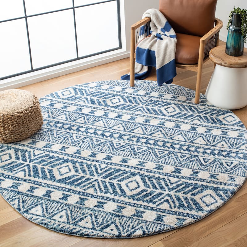 SAFAVIEH Tunisia Rilla Moroccan Rug - 6'7" Round - Navy/Ivory