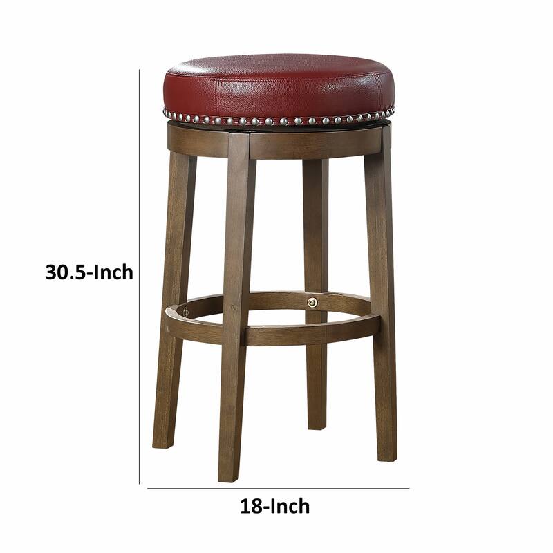 Bara 31 Inch Swivel Barstool, Red Round Faux Leather, Brown Solid Wood