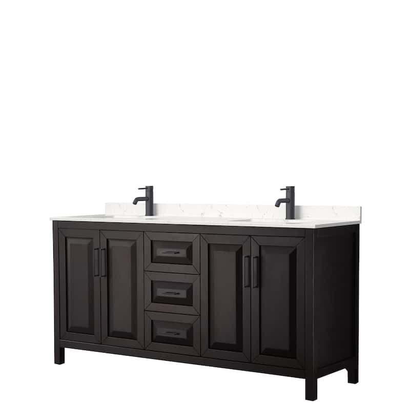Daria 72 Inch Double Vanity, Cultured Marble Top - Dk Espresso, Black Trim, Carrara Cult. Marble Top