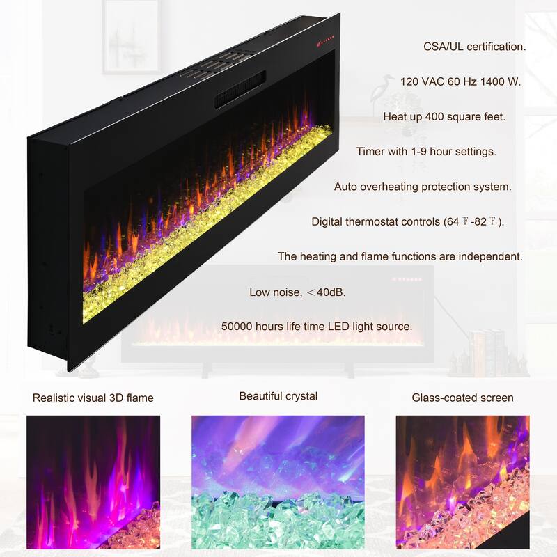 Stylish 60-Inch Wall-Mounted Electric Fireplace, Multi-Color Flame, and Ember Bed Options