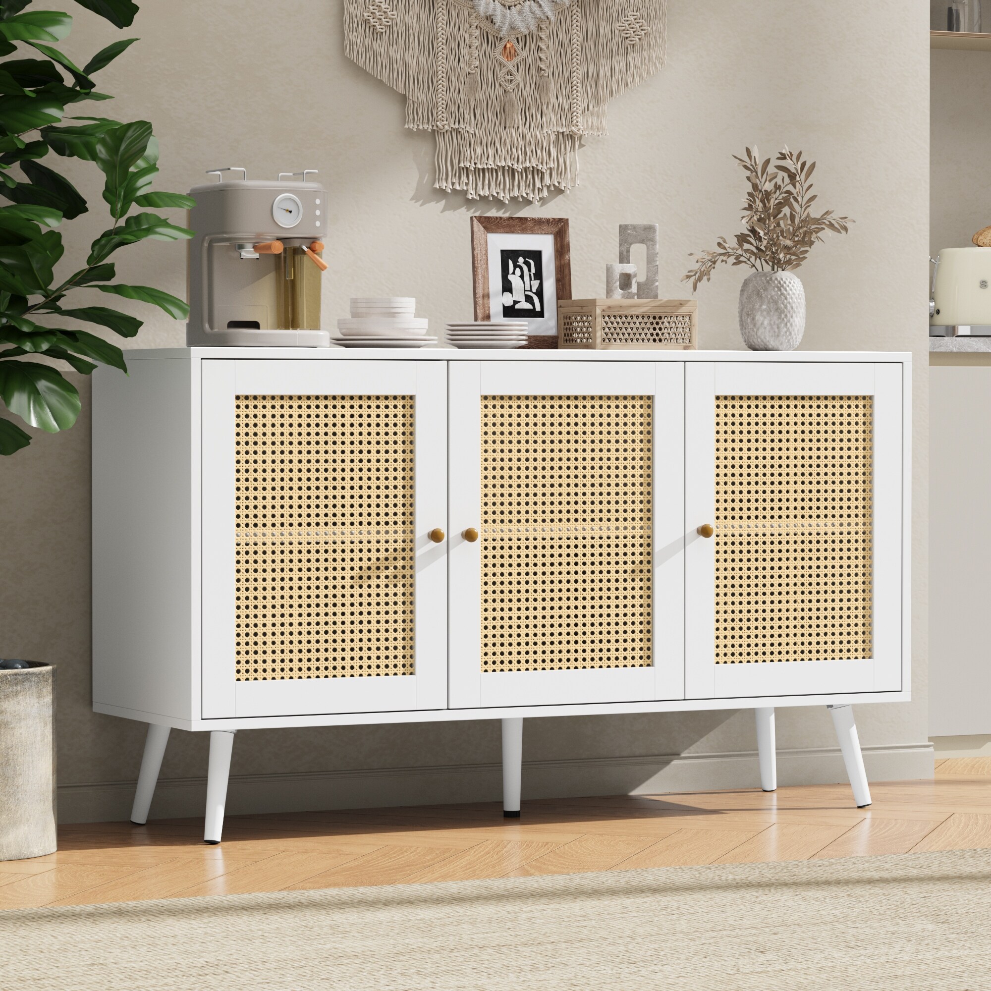 Buffet Cabinet with Storage, 47.2" Rattan Sideboard with Adjustable Shelves, Modern Coffee Bar Credenza