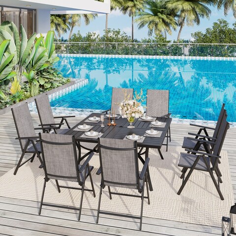 9 Pieces Patio Dining Set, 60 Inch Square Metal Table and Sling Dining Chairs Seats Up to 8