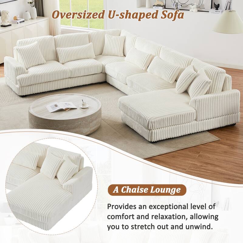 129" Oversized U-Shaped Sectional Sofa with Chaise Lounge, Soft Corduroy Upholstery and Pillows for Living Room