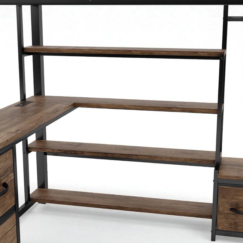 Full/Queen Size Metal Loft Bed with Desk, LED Lights, USB Ports, Shelves, Drawers, and Wardrobe, Black