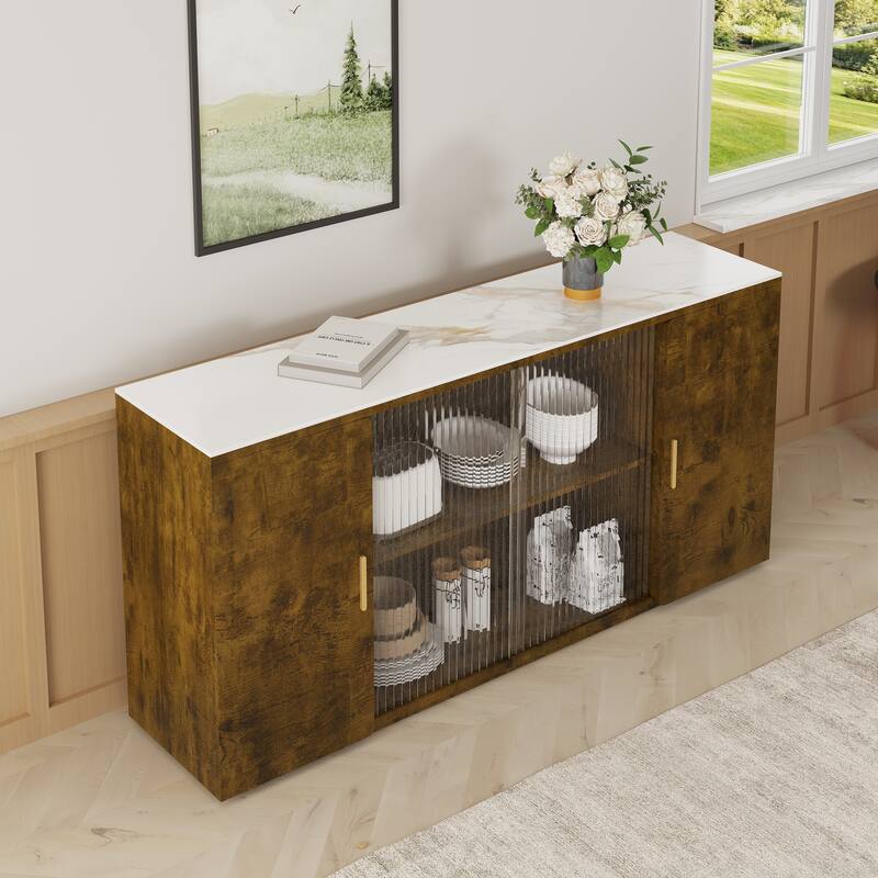 Wooden Sideboard Cabinet Buffet Cabinet with Glass Doors and Granite Top, Storage Cabinet with Dust-Free Display - Black Brown