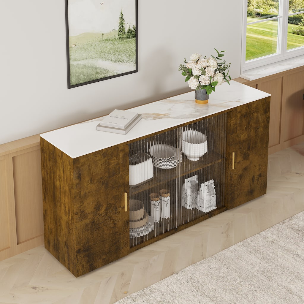 Wooden Sideboard Cabinet Buffet Cabinet with Glass Doors and Granite Top, Storage Cabinet with Dust-Free Display