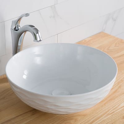 KRAUS Viva Round White Porcelain Ceramic Vessel Bathroom Sink w Drain