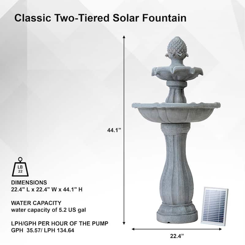 XBrand 44" H Fiberglass/Resin 2-Tier Solar Water Fountain w/ Solar Panel and Auto-Shut Off Pump, Solar Garden Fountain