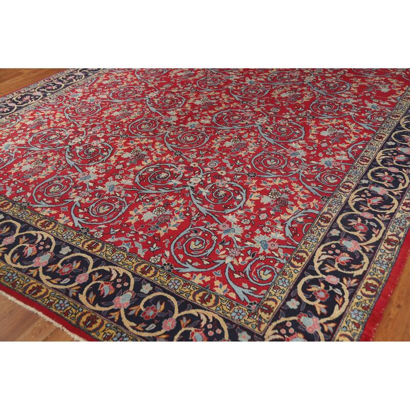 Hand Knotted Oriental 100% Wool Carpet Traditional All-Over Red Kerman Area Rug - 12' 2'' X 9' 2''