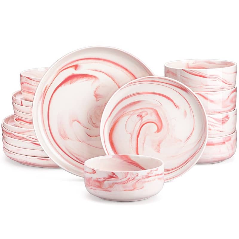 MALACASA LUNA 18-Piece Porcelain Dinnerware Set (Service for 6) - Marble Pink