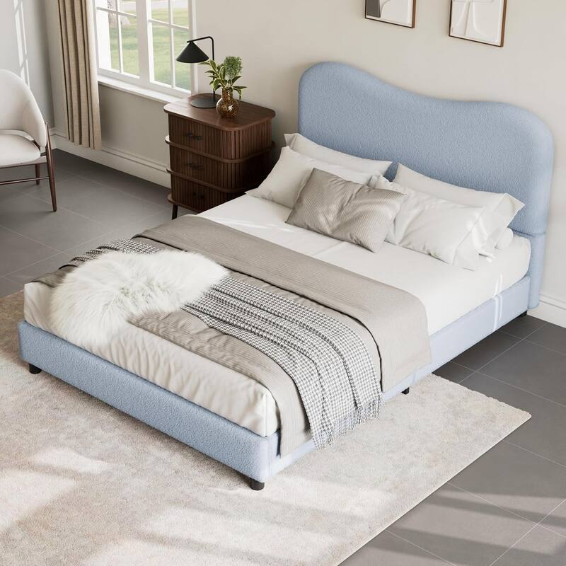Kids Upholstered Platform Bed, Soft Boucle Fabric with Low Profile Frame & Wood Slats, Boys/Girls Bedroom