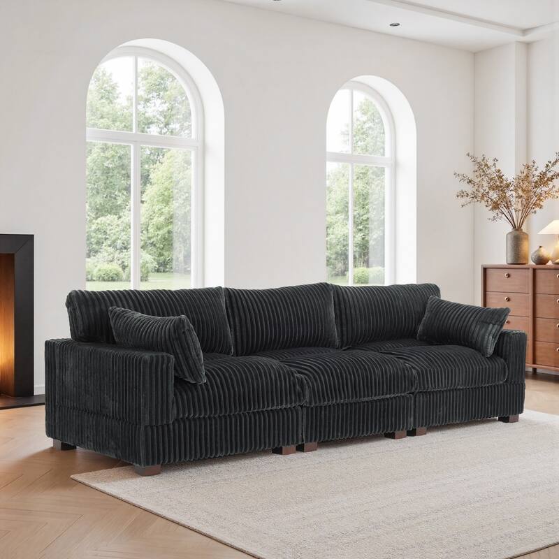 Plush Corduroy Upholstered Modular Sectional Sofa with Pillows - Symmetrical - Grey-3 Pieces